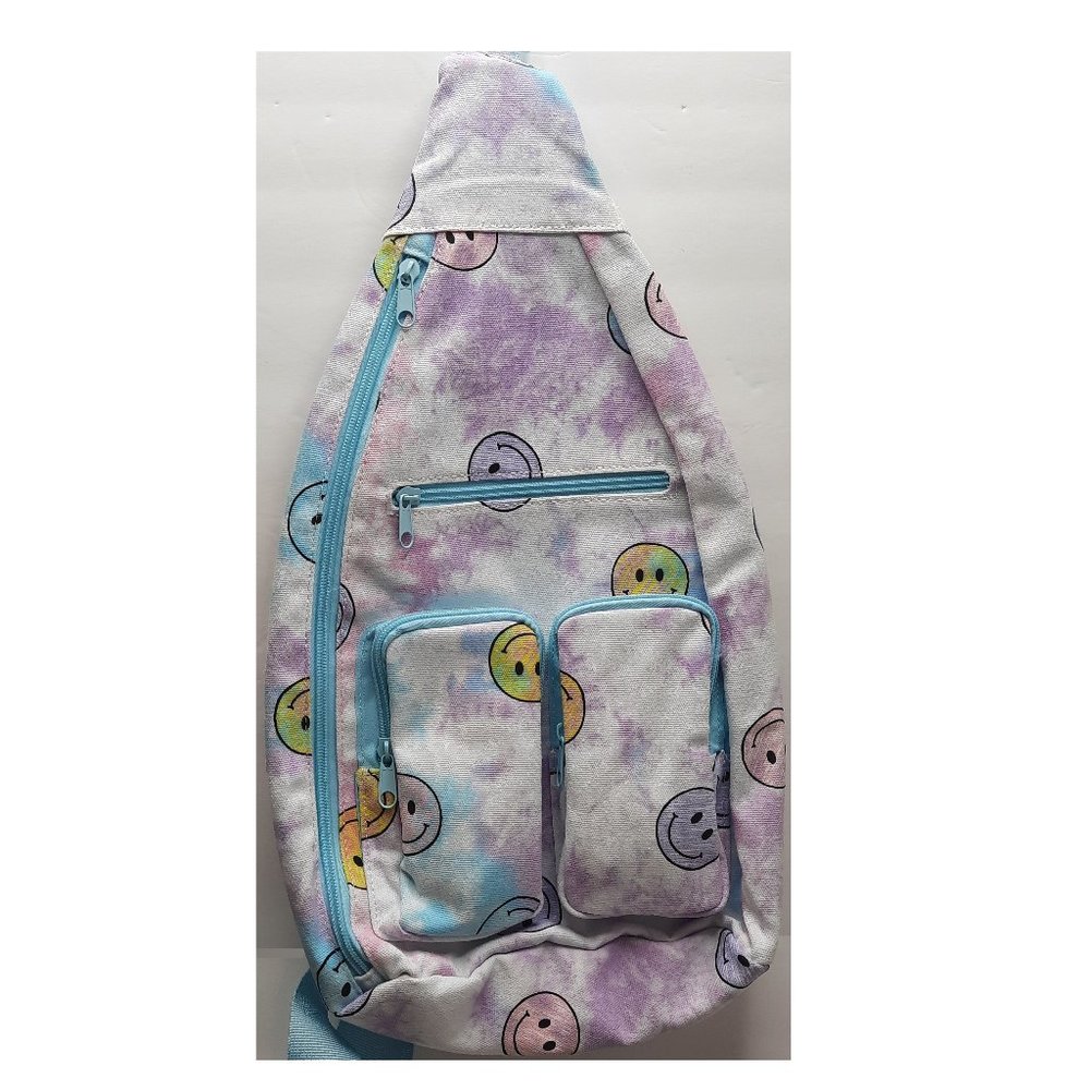 Hands Free Cargo Sling Bag Women Kids Backpack Tie Dye Smiley Face No Boundaries
